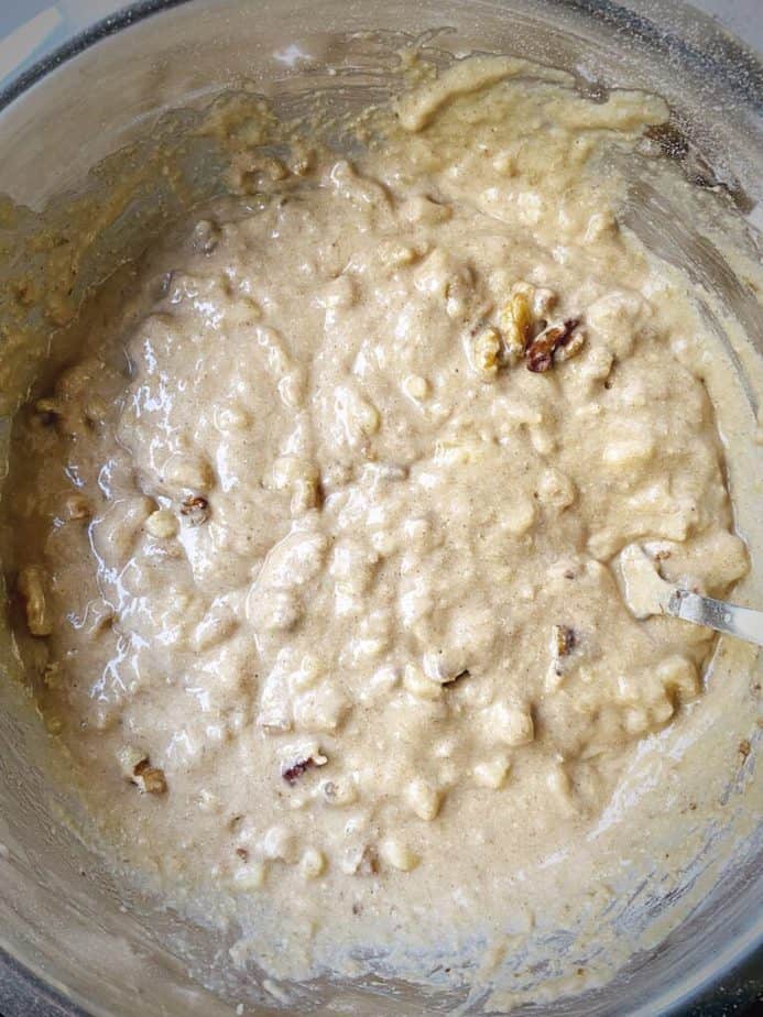 step 4b - banana bread donut batter after stirring in nuts.