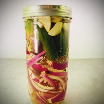 hero shot of jar of red onion pickles.