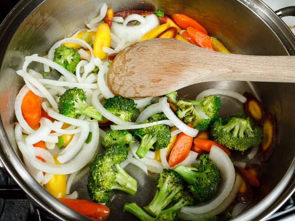 onions and carrots added to stir fry veggies.