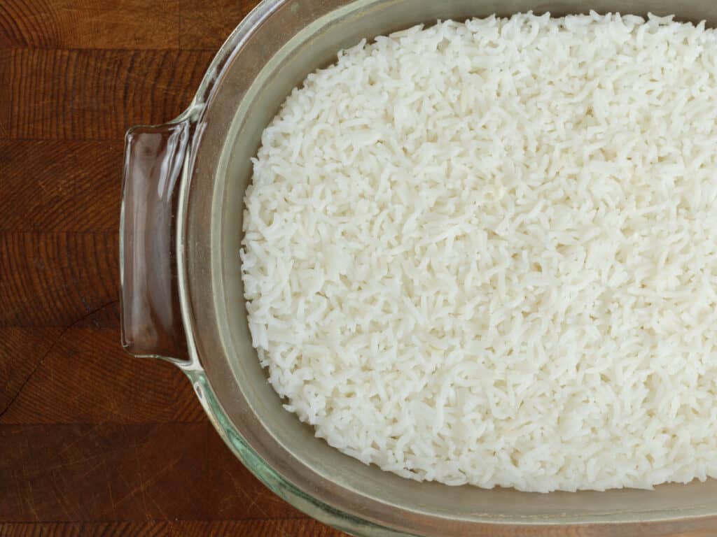 oven steamed rice in baking dish.