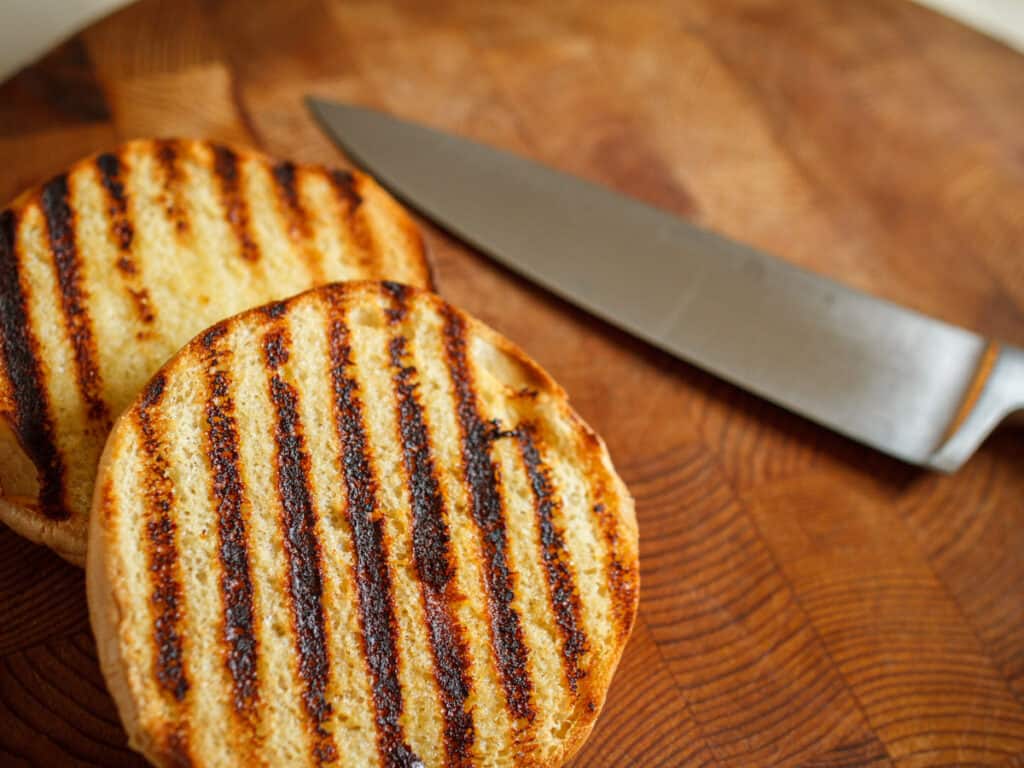 bun with heavy grill marks after toasting.