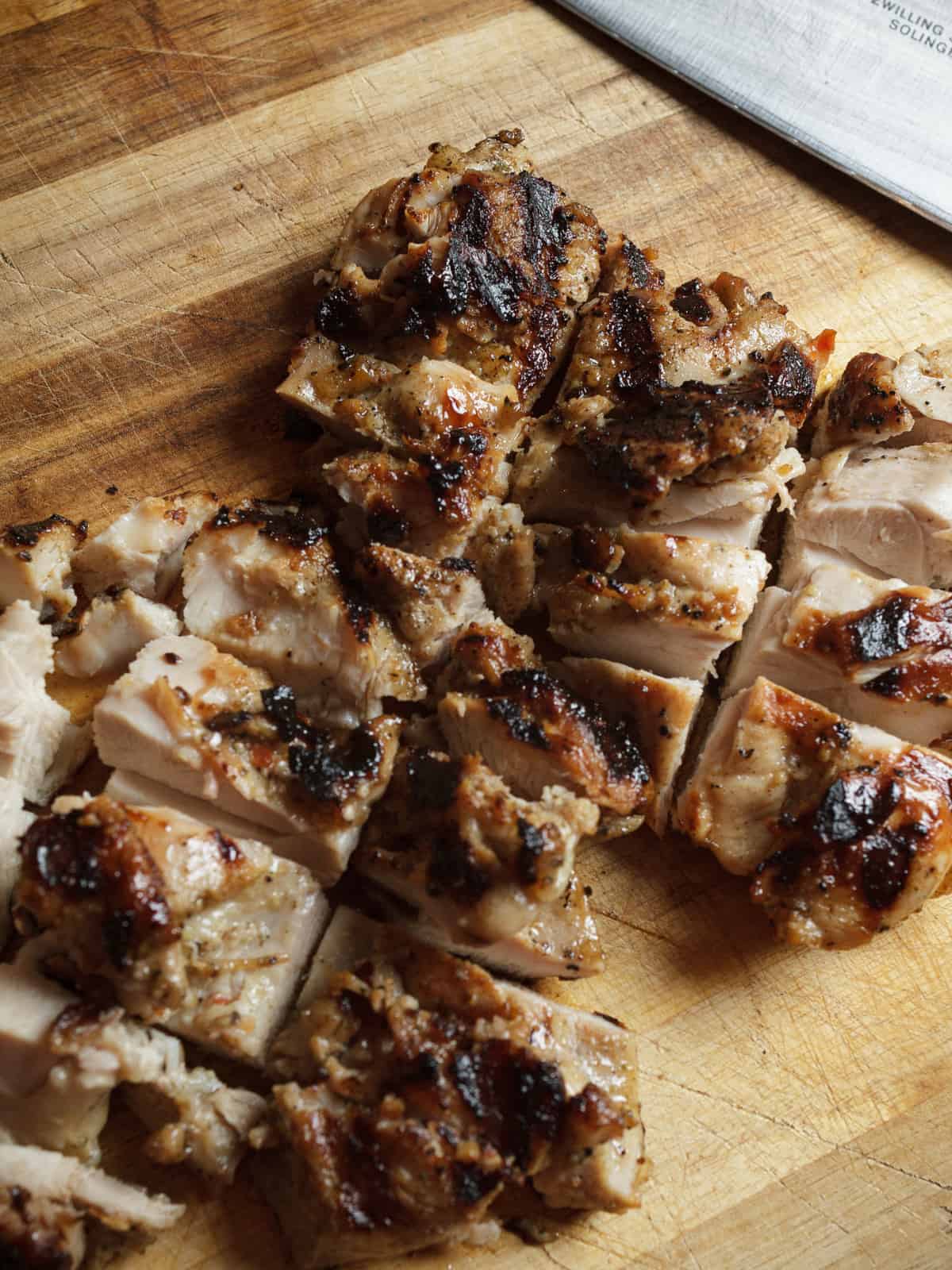 close up of diced grilled chicken.