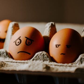 eggs in a carton with sad faces drawn on.