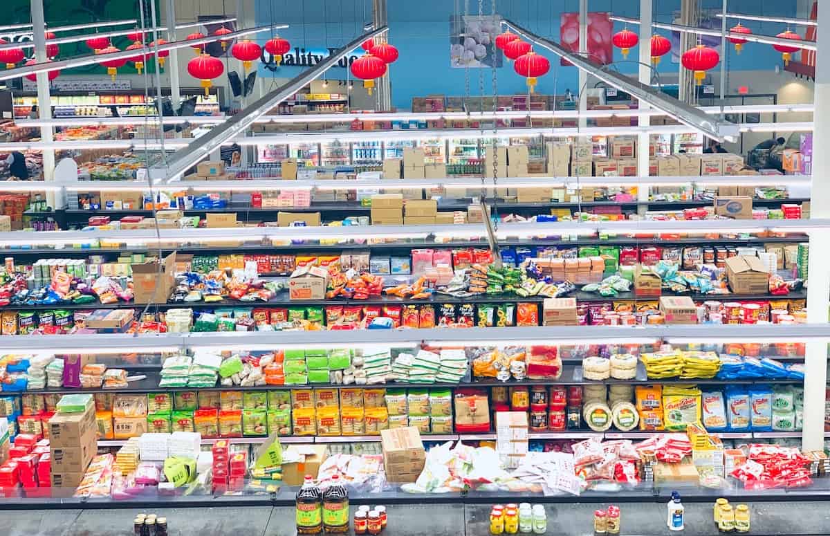 overhead view of a Chinese market. 