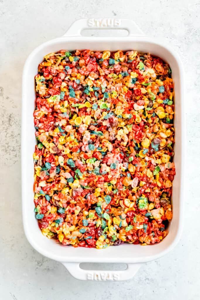 fruity pebbles mixture pressed into a 9x13.