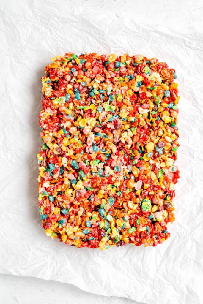fruity pebbles treats after removing from the 9x13.
