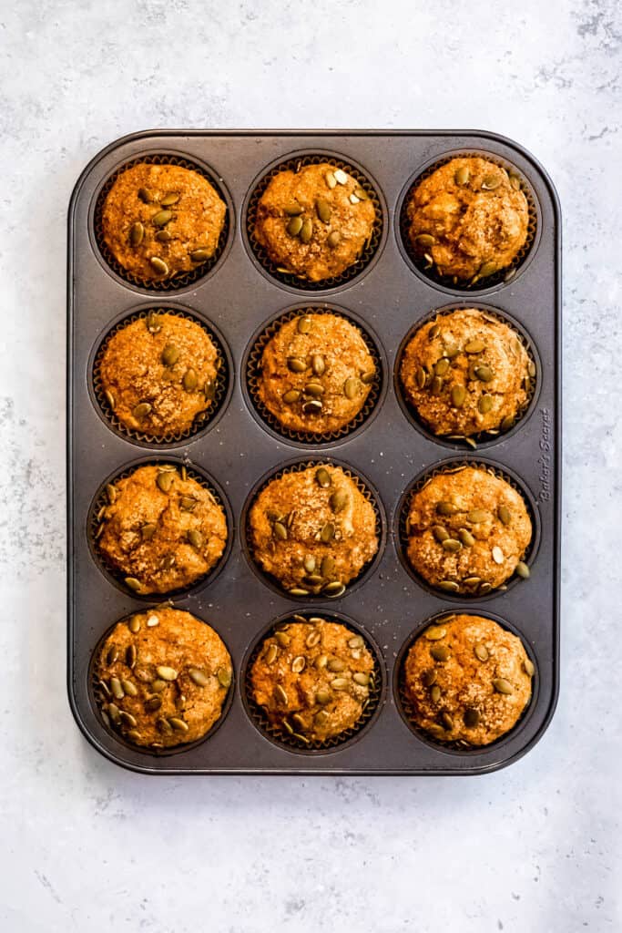 baked banana pumpkin protein muffins in the tin.
