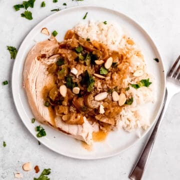 square hero image of Indian-style Tandoori spiced Dutch oven turkey breast served with creamy apple gravy and basmati rice.