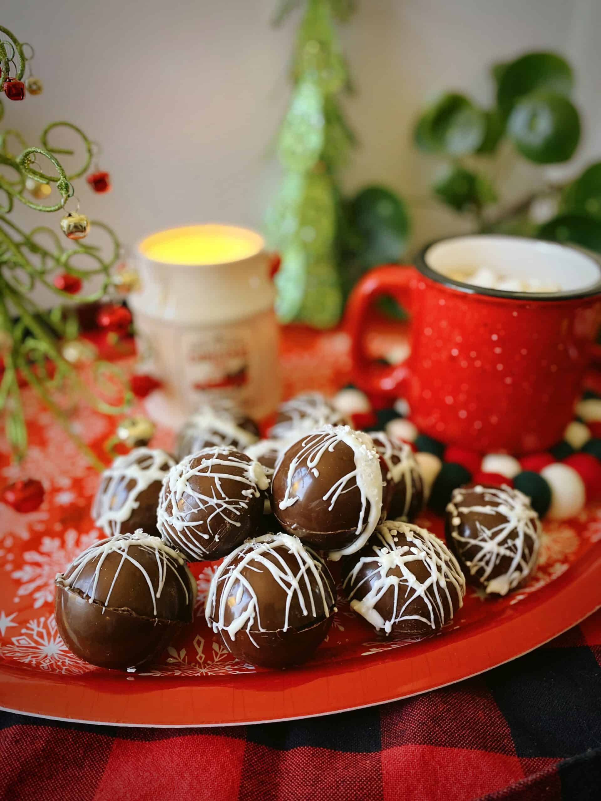 platter of peppermint hot chocolate bombs.