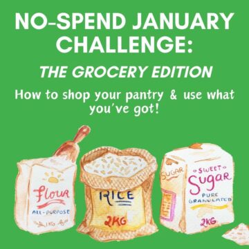 square hero tile with text that reads "no spend january challenge: the grocery edition. How to shop your pantry and use what you've got!"