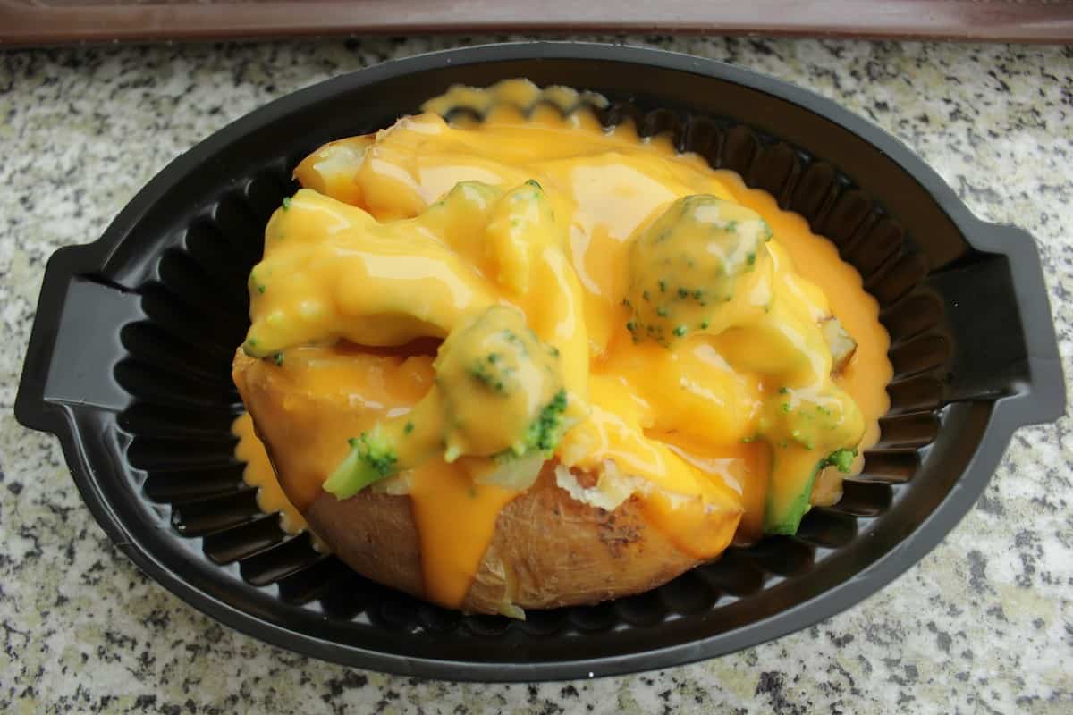 loaded baked potato with broccoli and cheddar cheese sauce.