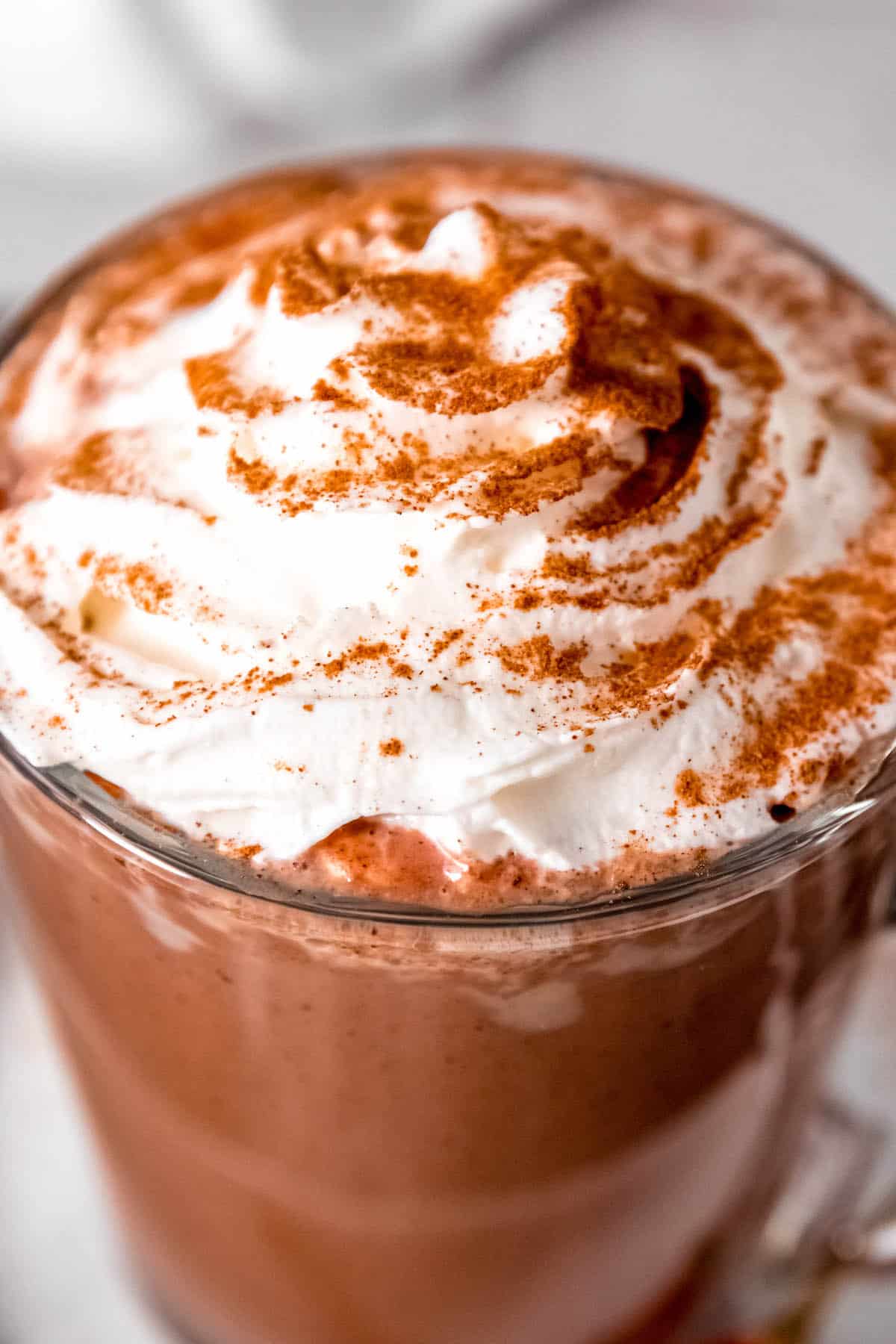 hyper closeup shot of a spicy Mexican mocha topped with whipped cream, cinnamon, and chili powder.