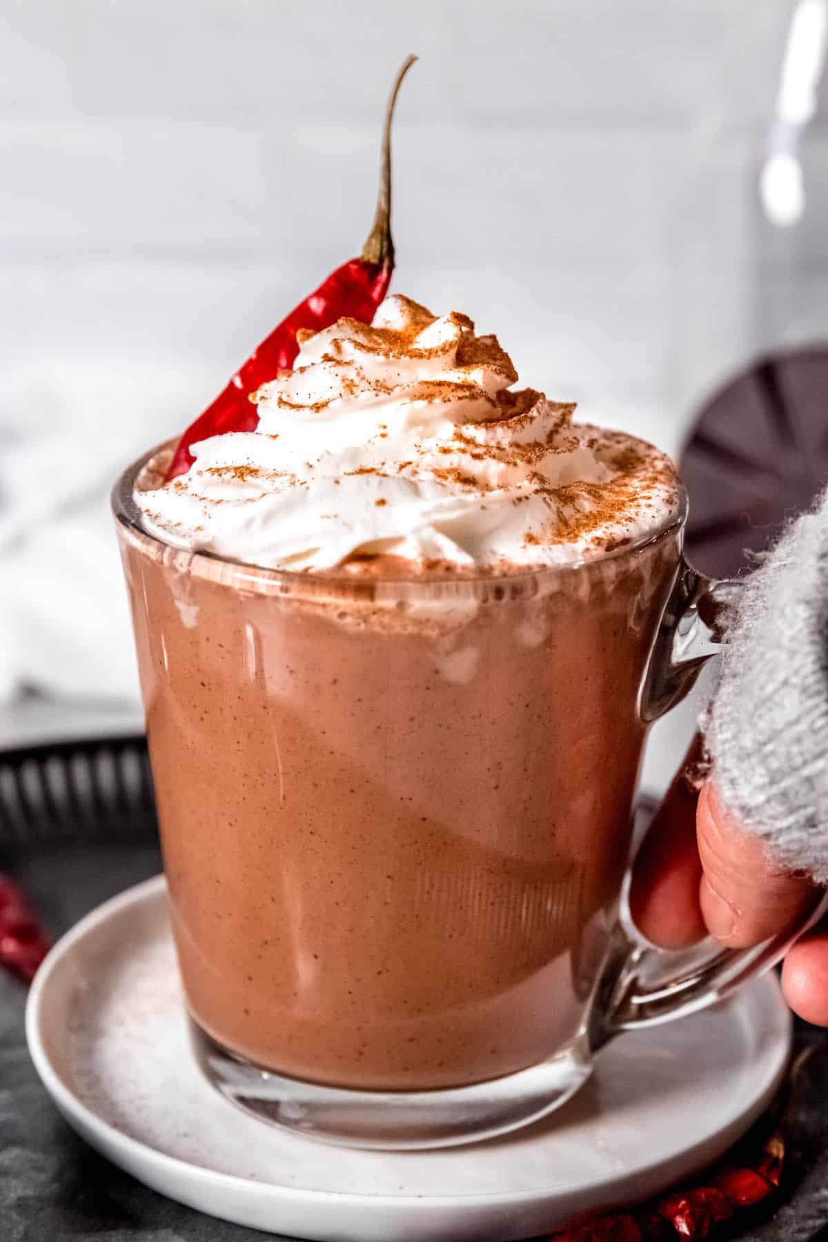hand grabbing a spicy mexican mocha topped with whipped cream, cocoa powder and a dried chile.