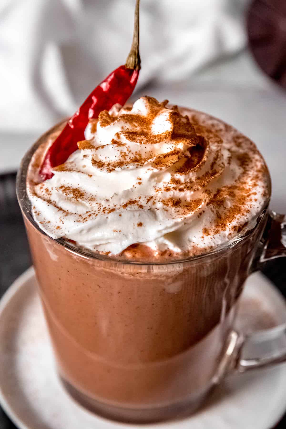 closeup hero shot of a spicy mocha made with Mexican chocolate and Mayan spices topped with whipped cream and cocoa powder with a dried chile.
