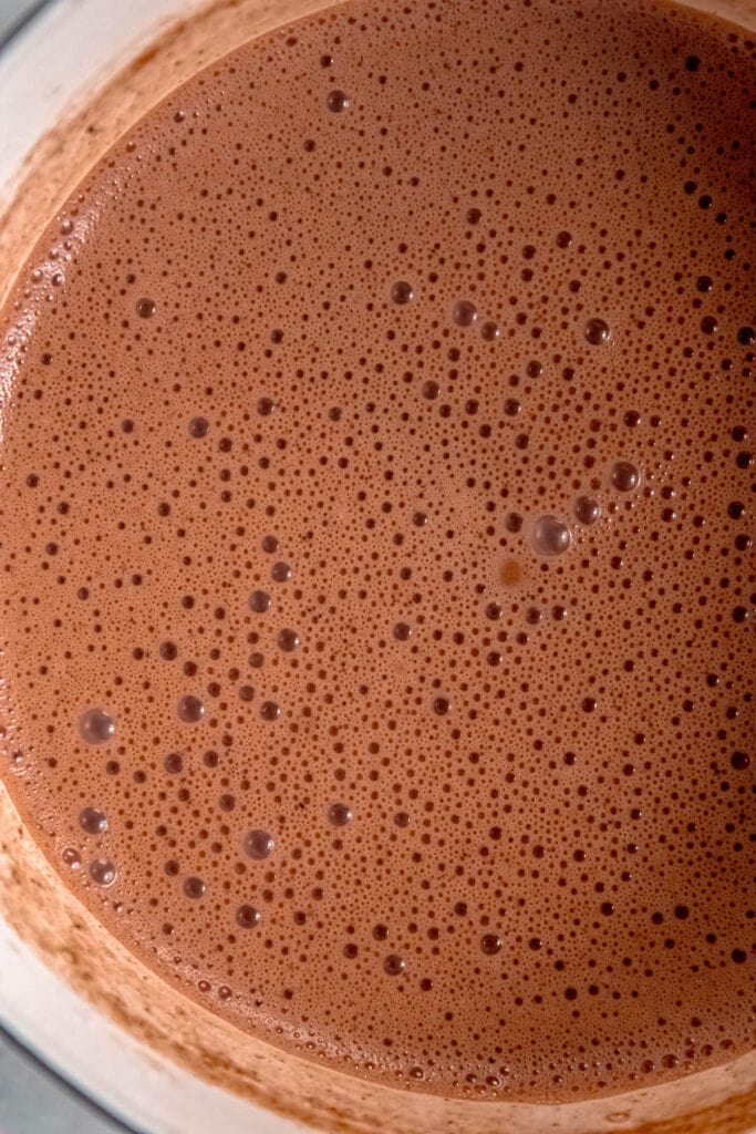 process shot - closeup showing the thick texture of the frothed Aztec sipping chocolate.