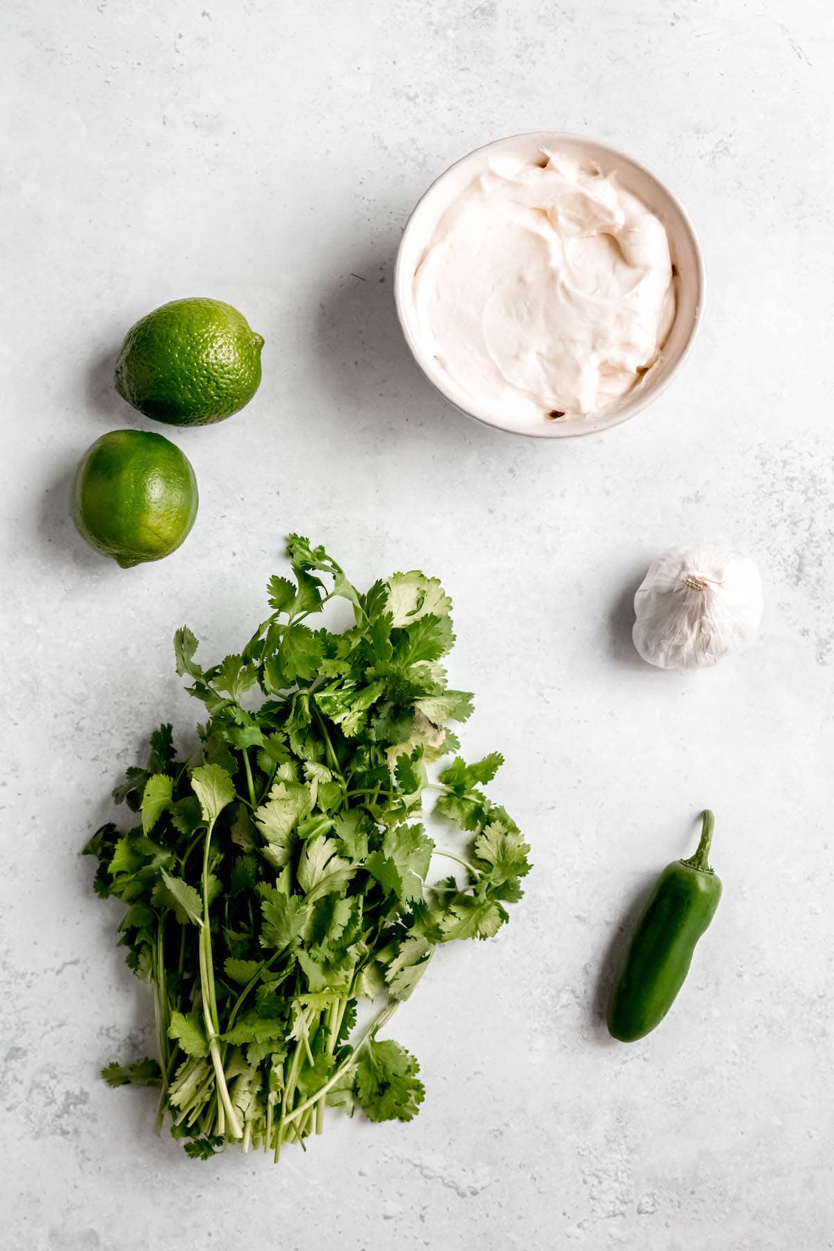 bunch of cilantro, 2 limes, a bowl of mayonnaise, a fresh jalapeño and a head of garlic laid out on a table for making creamy cilantro lime garlic sauce.