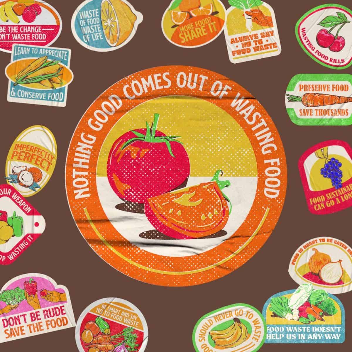 square image with cartoon stickers taht read "nothing good comes out of wasting food, food waste doesn't help us in anyway, learn to appreciate and conserve food".