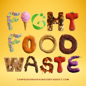 yellow square with foods shaped into letters that read "fight food waste."