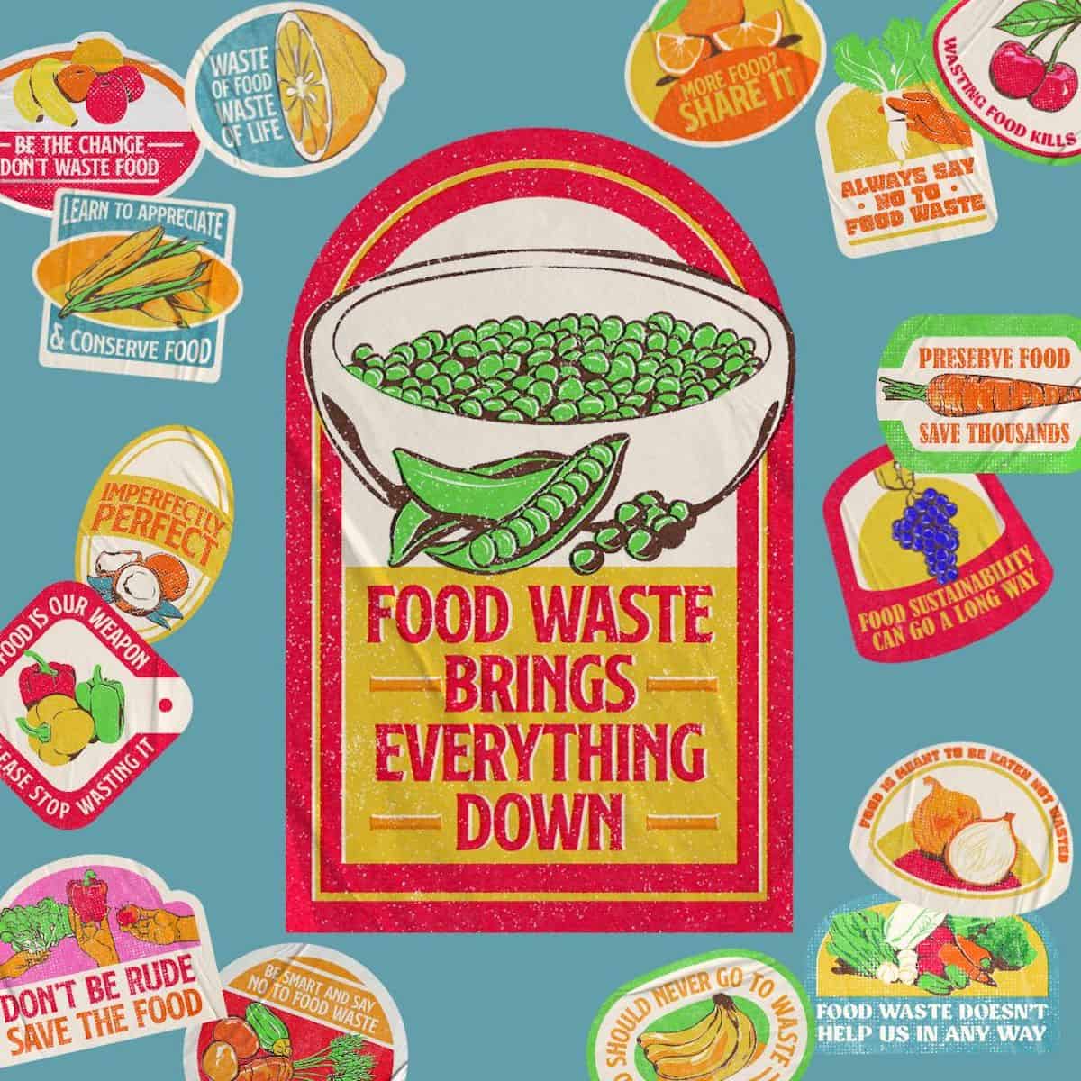 turquoise square with cartoon stickers that read "food waste brings everything down, food is meant to be eaten not wasted, be the change don't waste food."
