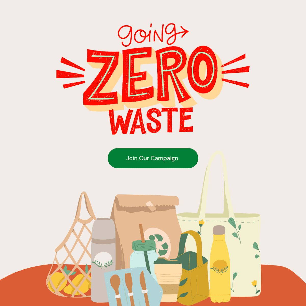 square cartoon image that reads "going zero waste, join our campaign" with drawn grocery bags.