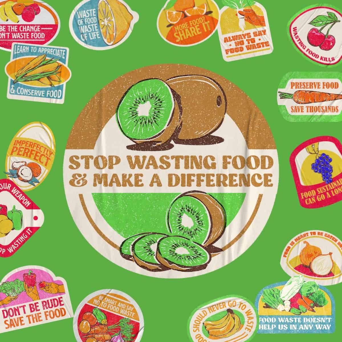 square cartoon image with a lime green background and stickers that read "stop wasting food & make a difference" and "don't be rude save the food" "be smart and say no to food waste" "preserve food save thousands."