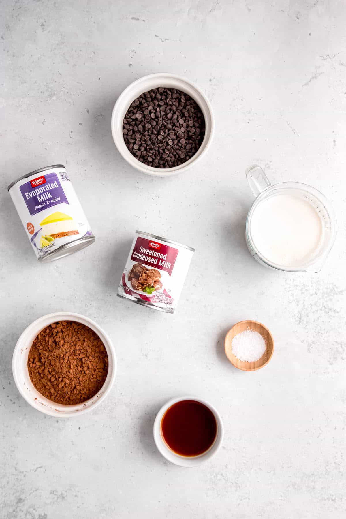 flat lay shot of a can of evaporated milk, a can of sweetened condensed milk, and measured out quantities of mini chocolate chips, cocoa powder, half n half, salt, and vanilla for making chocolate chocolate chip ice cream.