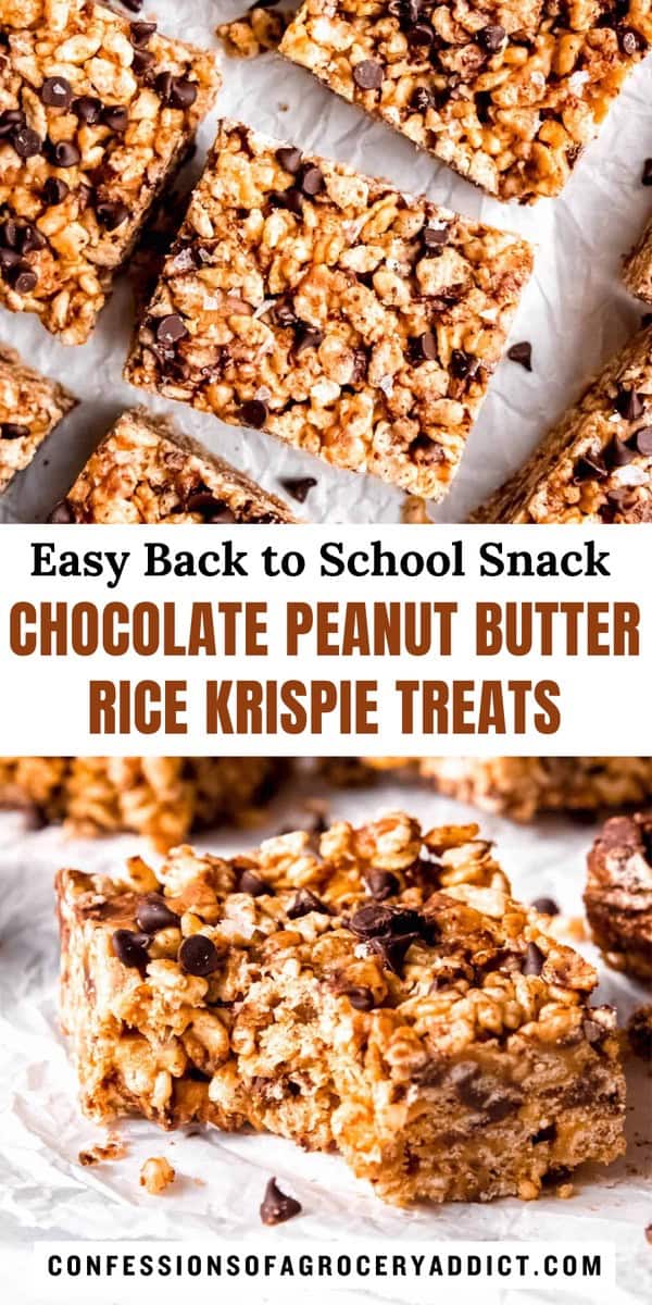 vertical pin showing two separate photos of chocolate peanut butter rice krispie treats (a flat lay of squares on a piece of parchment, and a 45 degree angle with a bite taken out) with text overlay that reads "easy back to school snack; chocolate peanut butter rice krispie treats."