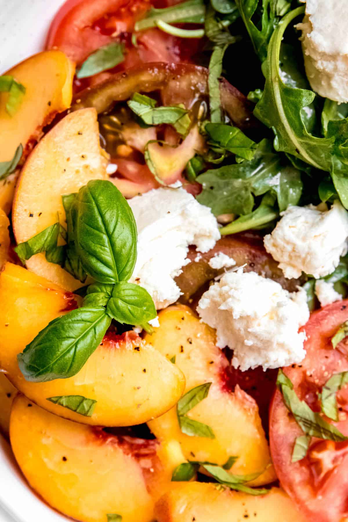 closeup shot of a sprig of fresh basil and torn burrata atop the tomato peach caprese salad.