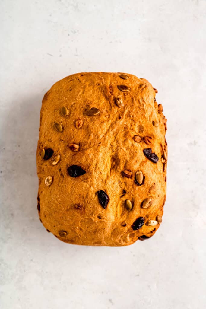 pumpkin bread maker bread after finishing baking and removing from the baking tin to cool.