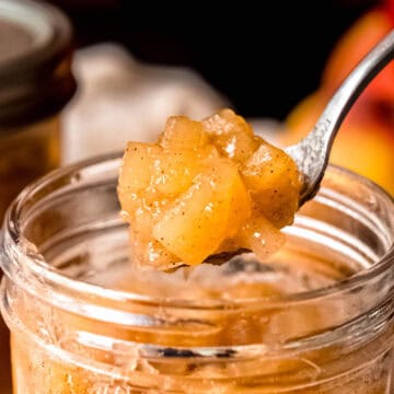 closeup of a silver spoon with a bite of chunky apple sauce hovering above the mason jar it was canned in.