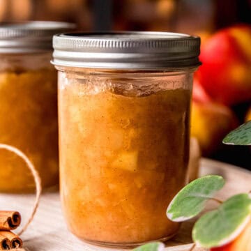 square closeup on a can of homemade apple preserves with cinnamon.