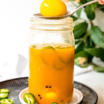 hand holding a silver spoon with a single pickled egg with jalapeno slices above the rest of the jar; its on top of a black hammered plate with fresh jalapeno slices placed atop a white table with black peppercorns scattered around, and a green houseplant blurred out in the background.