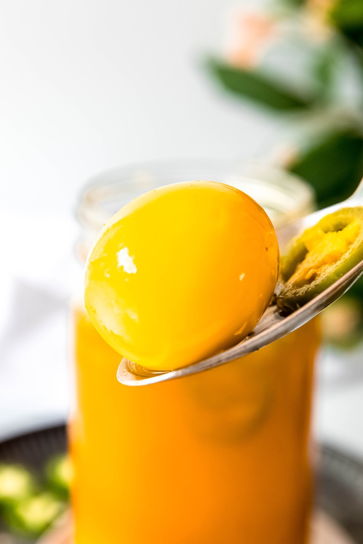 turmeric jalapeno pickled egg on a spoon with a slice of pickled jalapeño in front of the rest of the jar of pickled eggs that's blurred out in the background with sliced fresh jalapenos.