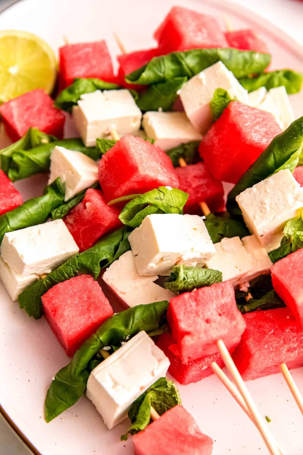 platter of watermelon feta salad skewers.