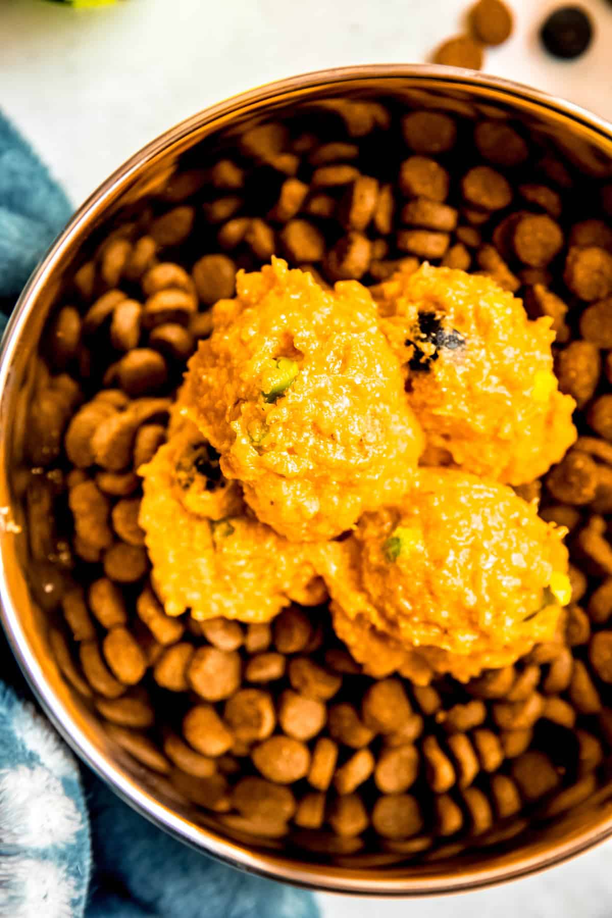 closeup shot of DIY pumpkin, chicken, rice, and veggie dog food topper on a bowl of dry dog food.