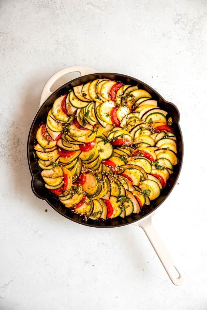 disney-style ratatouille after brushing the tops of the vegetables with herbed olive oil before baking.