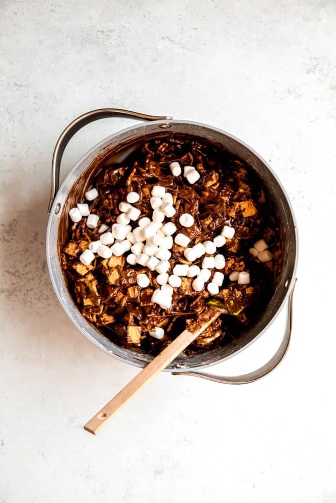handful of mini marshmallows added to the chocolatey cereal mix.