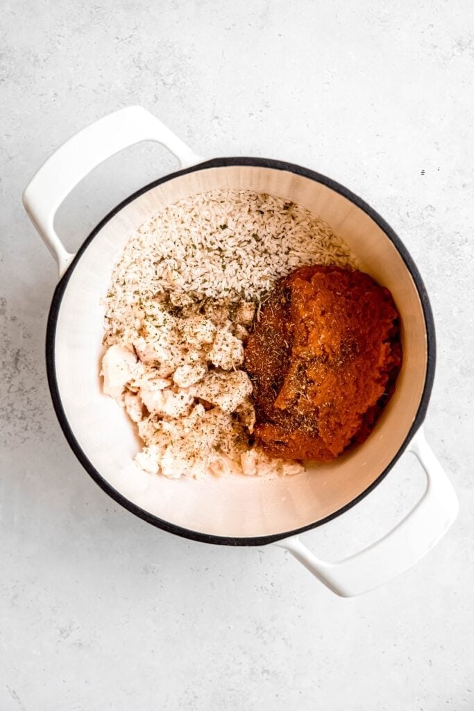 canned pumpkin, chicken, rice, and dog-friendly spice mix added to a dutch oven.