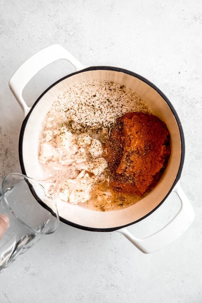 action shot of water being poured in the pot with the pumpkin, chicken, rice, and spices.