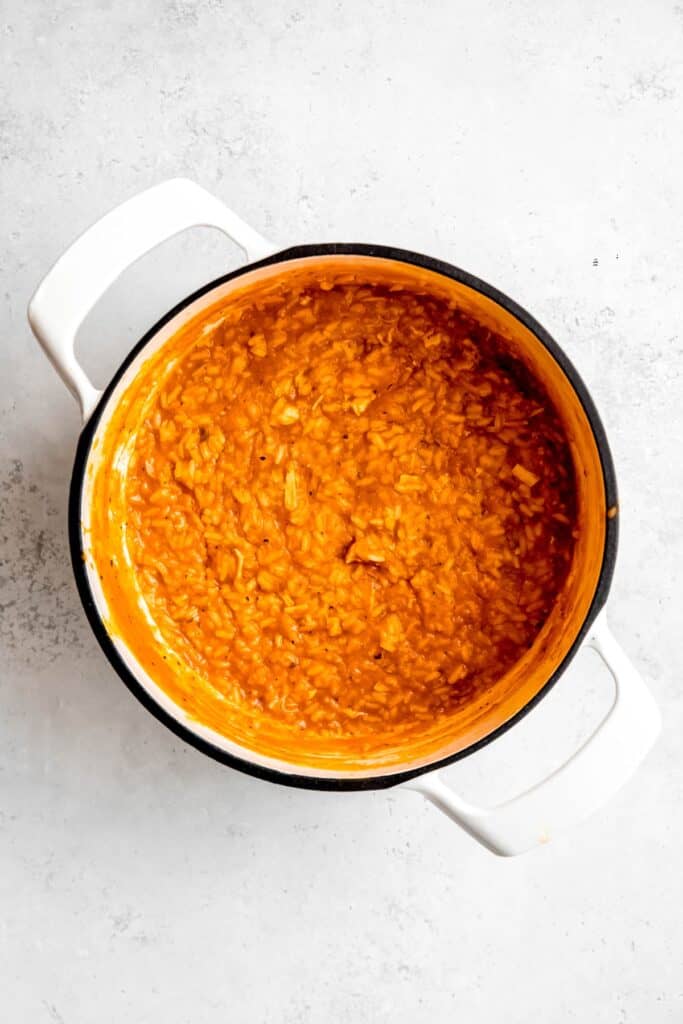 rice, chicken, pumpkin, and spice mixture after simmering until tender.