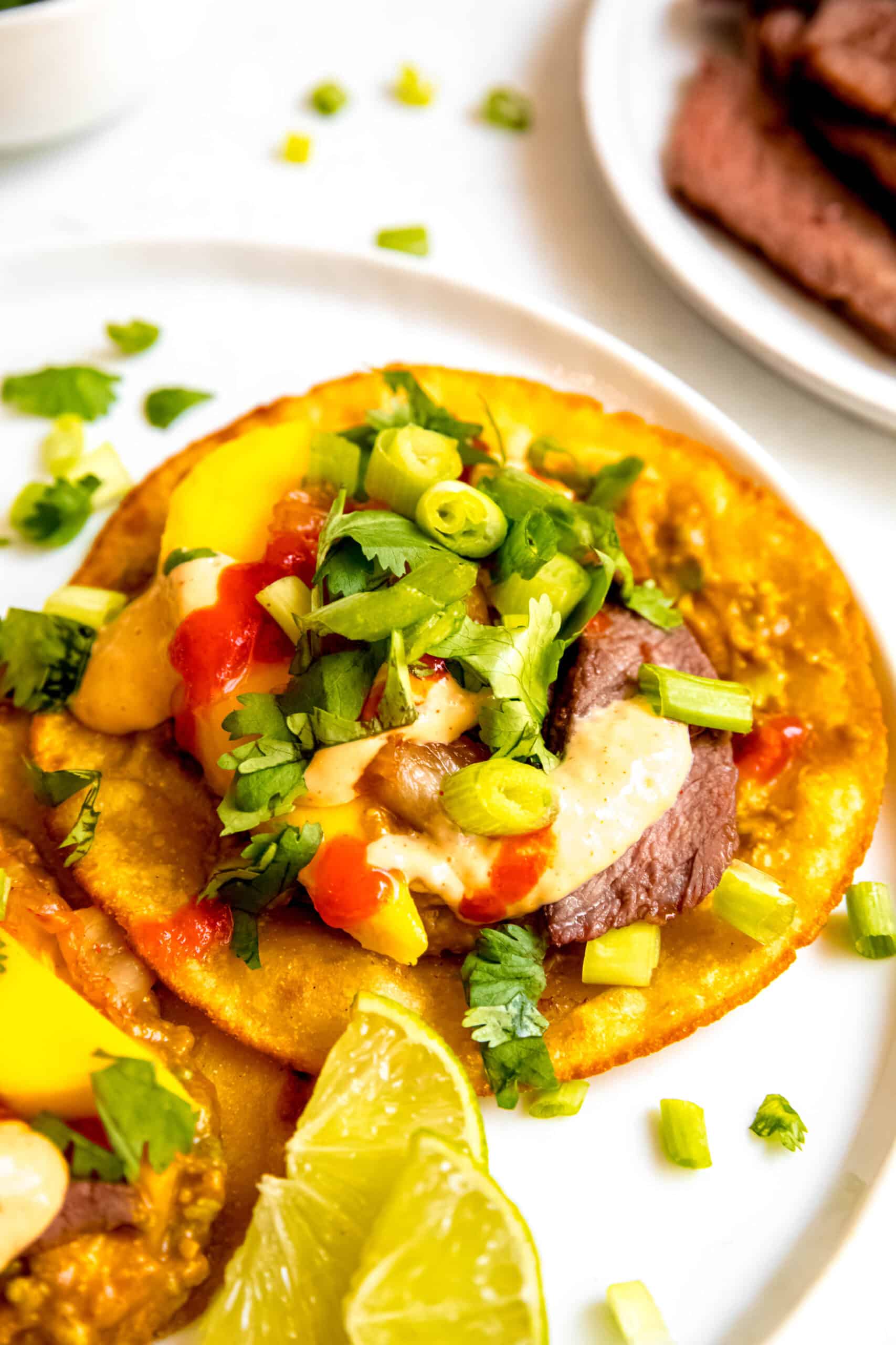 closeup shot of a korean beef taco with BBQ skirt steak, mango, and gochujang.