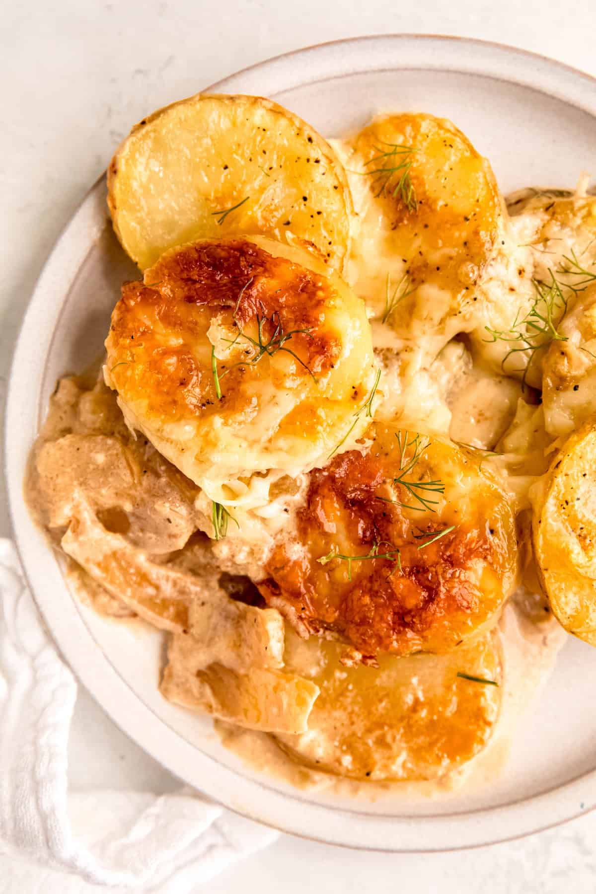 serving of cheesy caramelized fennel potato gratin on a white plate showing the tender potatoes, crispy golden brown top, and slices of caramelized fennel all garnished with some fresh fennel fronds.