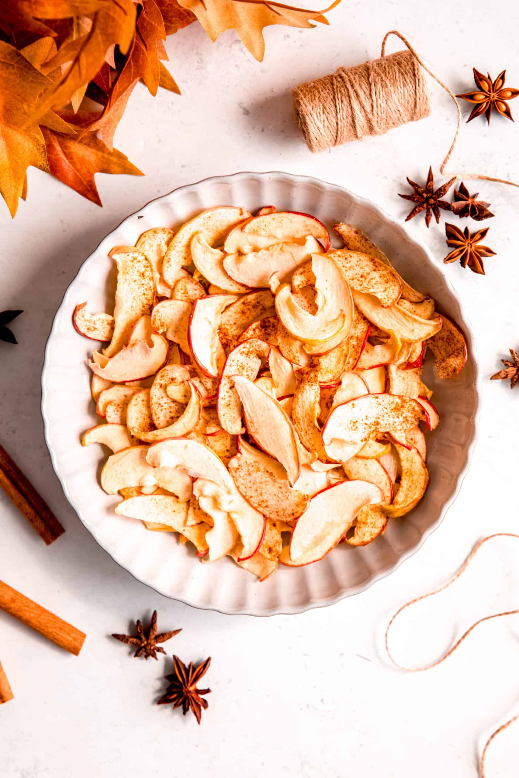 serving bowl of dried apple chips with cinnamon sugar on a white table with cinnamon sticks, twine, whole star anise, and fall leaves.