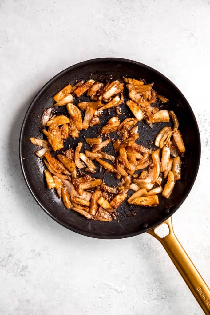 dark golden brown caramelized fennel after the broth evaporated.