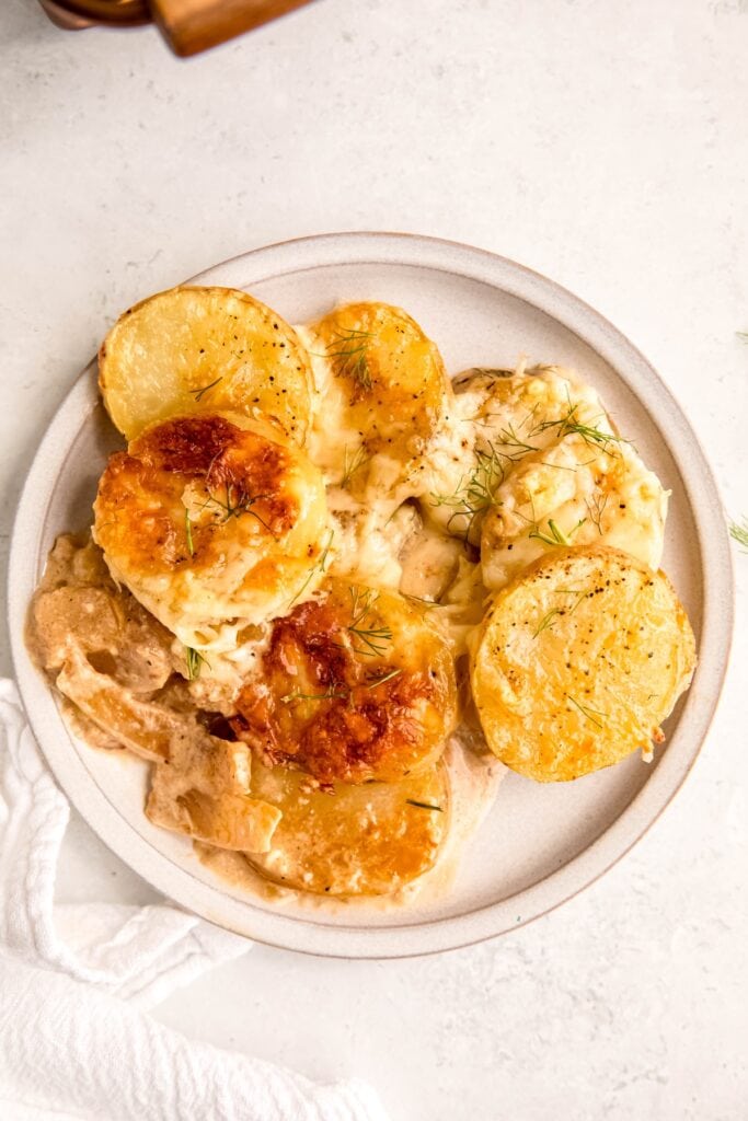 round white dinner plate with a large serving of potato and fennel gratin.