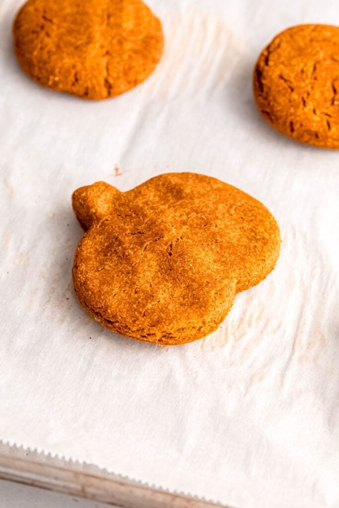 45 degree angle shot of a few peanut butter pumpkin dog treats on a parchment lined baking sheet after baking until crisp and dry.