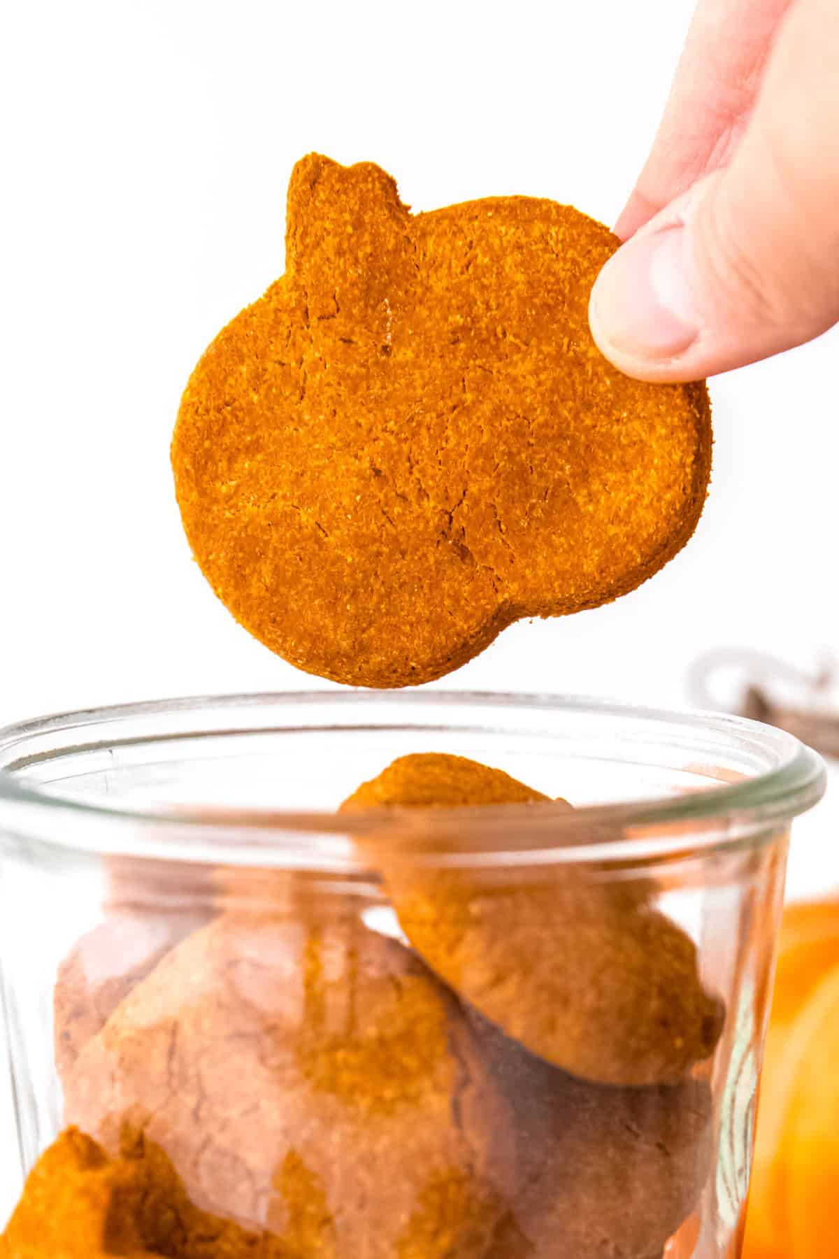 hand grabbing a pumpkin shaped pumpkin peanut butter oatmeal dog treat from a jar.
