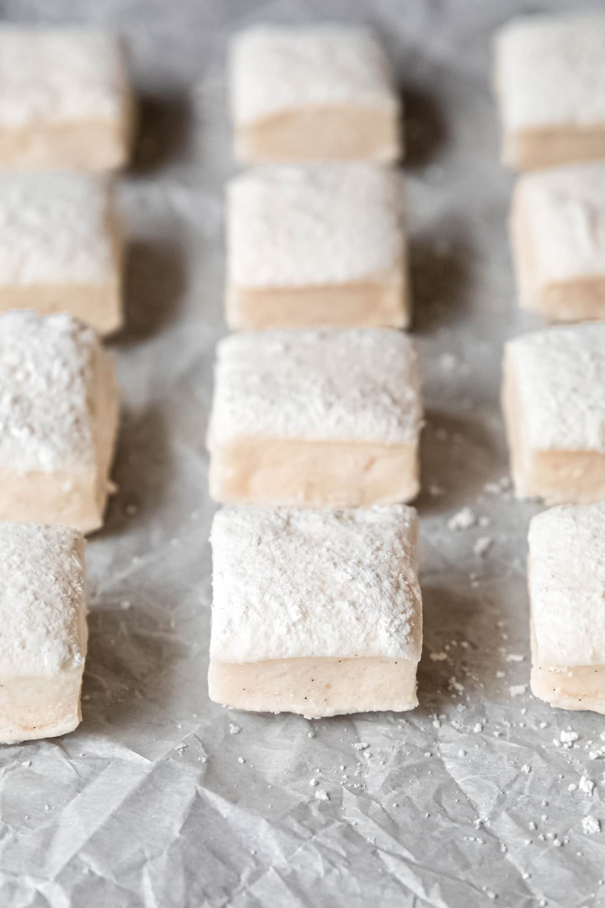 3 rows of homemade marshmallows lined up on a piece of parchment with the frontmost row in focus and the remaining blurred out more and more as it goes back.