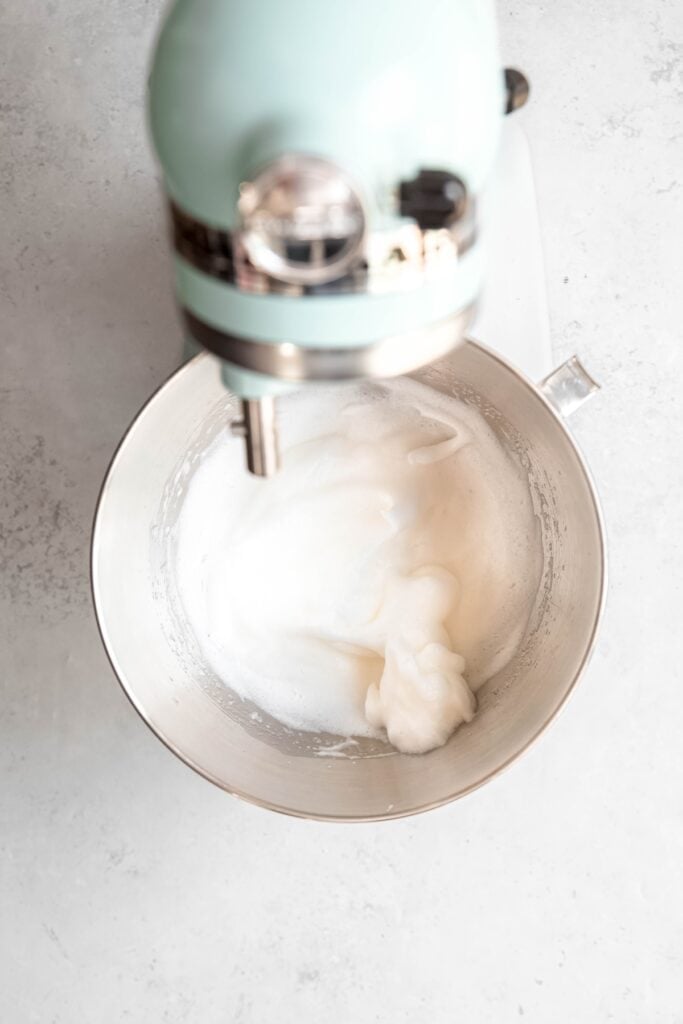 egg whites in the mixer bowl after beating until at soft peaks.