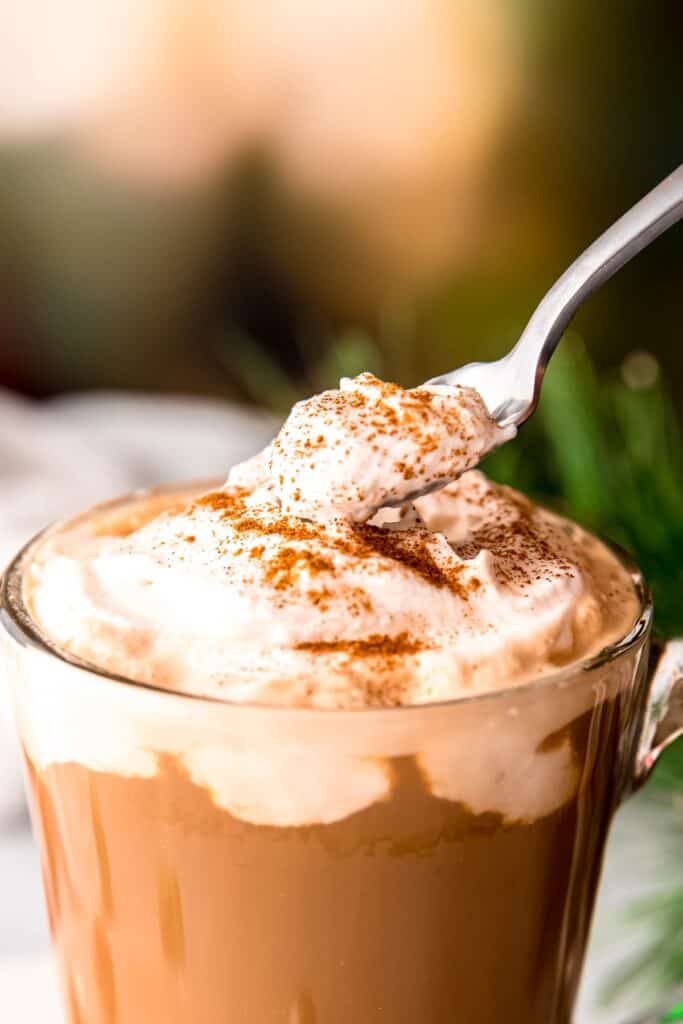 closeup action shot of a silver spoon with amaretto whipped cream and cinnamon atop a christmas coffee.
